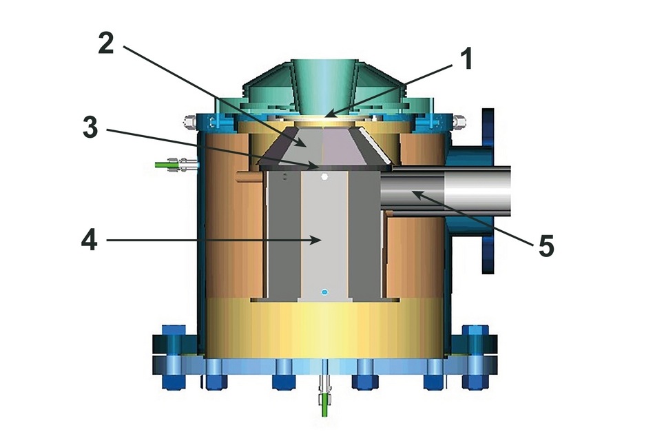 The solar reactor used by the researchers has two chambers. The concentrated radiation enters the upper chamber (1) via the entry window (made of quartz)(2) and heats the partition between the chambers. The heated separation wall (3) then radiates the majority of the energy absorbed into the lower chamber (reaction chamber)(4), where the actual chemical reactions take place. This separation makes sure that evaporated gas or rogue particles in the reaction chamber leave the reactor through the exhaust pipe (5) instead of reaching the quartz window and accumulating on it as solid residues, which would absorb the incident radiation, overheat the entry window and potentially damage it. The problem of window contamination is one of the biggest technical hurdles in upgrading this kind of solar reactor to an industrial scale. Source:Paul Scherrer Institute.